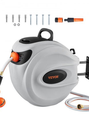 Retractable Hose Reel, 115 ft x 1/2 inch, 180° Swivel Bracket Wall-Mounted, Garden Water Hose Reel with 9-Pattern Nozzle, Automatic Rewind, Lock at Any Length, and Slow Return System