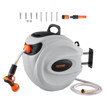 Retractable Hose Reel, 115 ft x 1/2 inch, 180° Swivel Bracket Wall-Mounted, Garden Water Hose Reel with 9-Pattern Nozzle, Automatic Rewind, Lock at Any Length, and Slow Return System