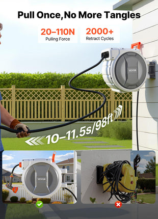 Retractable Garden Hose Reel, 1/2 in x 100 ft, Wall Mounted Hose Reel with 9-Function Sprayer Nozzle and 180° Swivel Bracket, Any Length Lock, Automatic Slow Rewind System, for Garden Watering