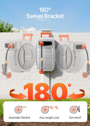 Retractable Garden Hose Reel, 5/8 Inch x 100 ft Wall Mounted Hose Reel, Heavy Duty Garden Hose Reel with 9 Patterns Nozzle, Any Length Lock, Upgraded Slow Return System and 180°Swivel Bracket