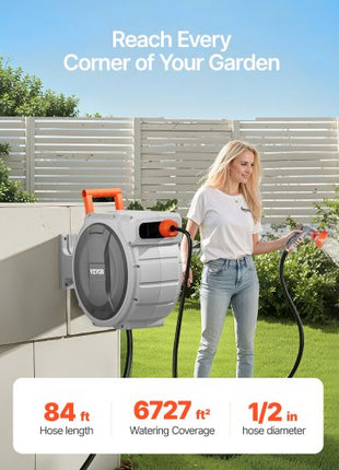 Retractable Garden Hose Reel, 1/2 Inch x 84 ft Wall Mounted Hose Reel, Heavy Duty Garden Hose Reel with 9 Patterns Nozzle, Any Length Lock, Upgraded Slow Return System and 180°Swivel Bracket