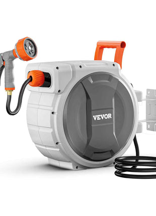Retractable Garden Hose Reel, 1/2 Inch x 145 ft Wall Mounted Hose Reel, Heavy Duty Garden Hose Reel with 9 Patterns Nozzle, Any Length Lock, Upgraded Slow Return System and 180°Swivel Bracket