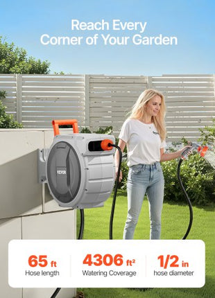 Retractable Garden Hose Reel, 1/2 Inch x 65 ft Wall Mounted Hose Reel, Heavy Duty Garden Hose Reel with 9 Patterns Nozzle, Any Length Lock, Upgraded Slow Return System and 180°Swivel Bracket