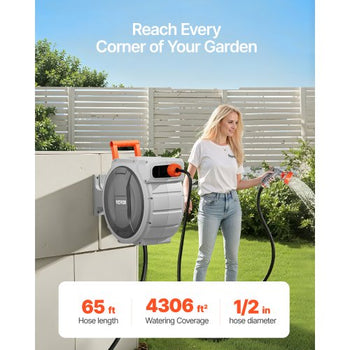 Retractable Garden Hose Reel, 1/2 Inch x 65 ft Wall Mounted Hose Reel, Heavy Duty Garden Hose Reel with 9 Patterns Nozzle, Any Length Lock, Upgraded Slow Return System and 180°Swivel Bracket