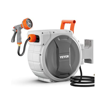 Retractable Garden Hose Reel, 1/2 Inch x 65 ft Wall Mounted Hose Reel, Heavy Duty Garden Hose Reel with 9 Patterns Nozzle, Any Length Lock, Upgraded Slow Return System and 180°Swivel Bracket