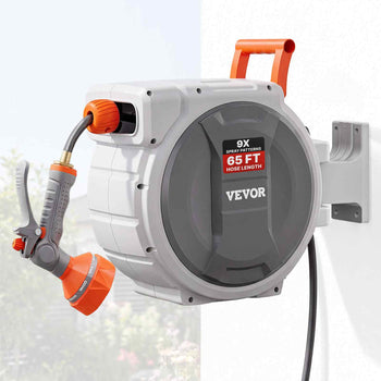 Retractable Garden Hose Reel, 1/2 Inch x 65 ft Wall Mounted Hose Reel, Heavy Duty Garden Hose Reel with 9 Patterns Nozzle, Any Length Lock, Upgraded Slow Return System and 180°Swivel Bracket