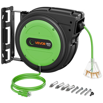 Retractable Extension Cord Reel 80FT Heavy Duty 12AWG/3C SJTOW Green, for Ceiling/Wall Mount, 15A Circuit Breaker, Automatic Retractable Power Cord, Lighted Triple Tap, with 180° Swivel Bracket