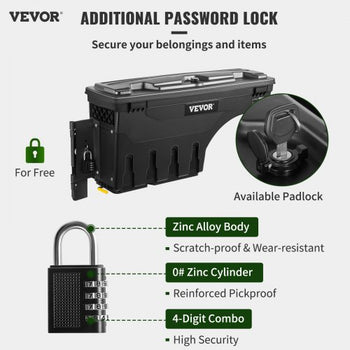 Truck Bed Storage Box, Lockable Lid, Waterproof ABS Wheel Well Tool Box 6.6 Gal/20 L with Password Padlock, Compatible with Tundra 2007-2021, Driver Side, Black