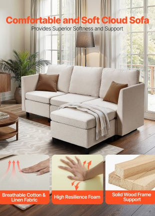 Modular Sectional Sofa, 3-Seater Modular Sofa with Hidden Storage, Cloud Sectional Couch with Ottoman & High Rebound Sponge, Solid Wood Frame Upholstered Couch for Living Room, Bedroom, Beige