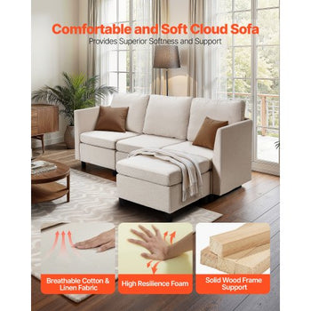 Modular Sectional Sofa, 3-Seater Modular Sofa with Hidden Storage, Cloud Sectional Couch with Ottoman & High Rebound Sponge, Solid Wood Frame Upholstered Couch for Living Room, Bedroom, Beige