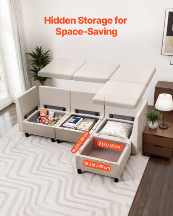 Modular Sectional Sofa, 3-Seater Modular Sofa with Hidden Storage, Cloud Sectional Couch with Ottoman & High Rebound Sponge, Solid Wood Frame Upholstered Couch for Living Room, Bedroom, Beige