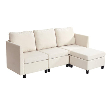 Modular Sectional Sofa, 3-Seater Modular Sofa with Hidden Storage, Cloud Sectional Couch with Ottoman & High Rebound Sponge, Solid Wood Frame Upholstered Couch for Living Room, Bedroom, Beige