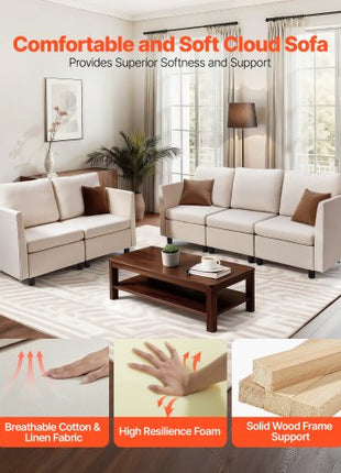 Modular Sectional Sofa, Modern 5-Seater Modular Sofa with Hidden Storage, Cloud Sectional Couch with High Rebound Sponge, Solid Wood Frame Upholstered Comfy Couch for Living Room, Bedroom, Beige