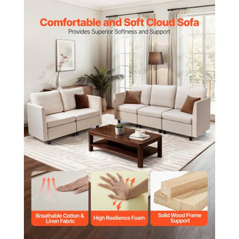 Modular Sectional Sofa, Modern 5-Seater Modular Sofa with Hidden Storage, Cloud Sectional Couch with High Rebound Sponge, Solid Wood Frame Upholstered Comfy Couch for Living Room, Bedroom, Beige