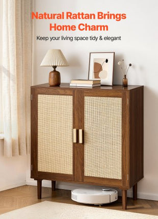 Rattan Cabinet, Rattan Storage Cabinet with 2 Magnetic Doors and Adjustable Shelves, Accent Sideboard Buffet with Wooden Legs & Power Cord Hole for Hallway, Entryway, Living Room, Kitchen, Khaki