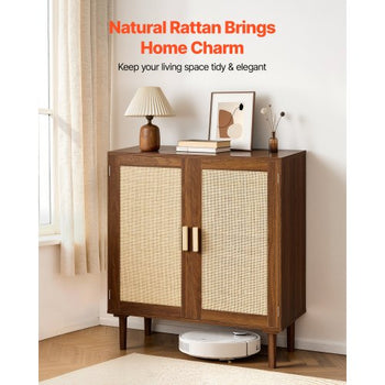 Rattan Cabinet, Rattan Storage Cabinet with 2 Magnetic Doors and Adjustable Shelves, Accent Sideboard Buffet with Wooden Legs & Power Cord Hole for Hallway, Entryway, Living Room, Kitchen, Khaki