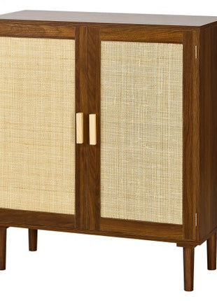 Rattan Cabinet, Rattan Storage Cabinet with 2 Magnetic Doors and Adjustable Shelves, Accent Sideboard Buffet with Wooden Legs & Power Cord Hole for Hallway, Entryway, Living Room, Kitchen, Khaki