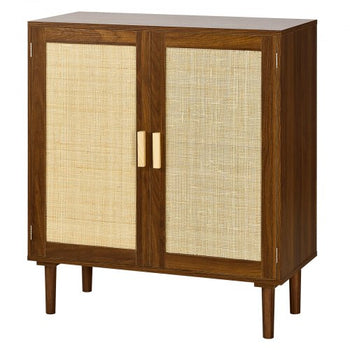 Rattan Cabinet, Rattan Storage Cabinet with 2 Magnetic Doors and Adjustable Shelves, Accent Sideboard Buffet with Wooden Legs & Power Cord Hole for Hallway, Entryway, Living Room, Kitchen, Khaki