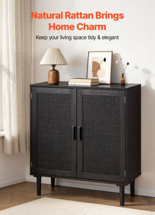Rattan Cabinet, Rattan Storage Cabinet with 2 Magnetic Doors and Adjustable Shelves, Accent Sideboard Buffet with Wooden Legs & Power Cord Hole for Hallway, Entryway, Living Room, Kitchen, Black