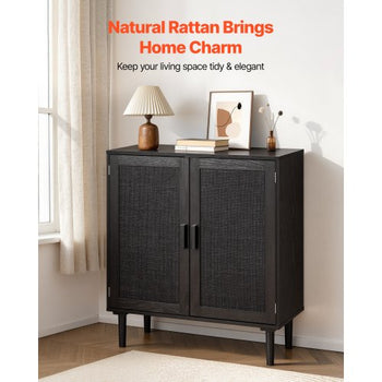 Rattan Cabinet, Rattan Storage Cabinet with 2 Magnetic Doors and Adjustable Shelves, Accent Sideboard Buffet with Wooden Legs & Power Cord Hole for Hallway, Entryway, Living Room, Kitchen, Black