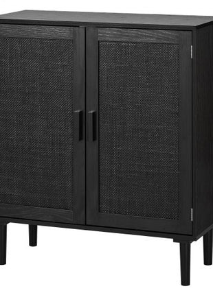 Rattan Cabinet, Rattan Storage Cabinet with 2 Magnetic Doors and Adjustable Shelves, Accent Sideboard Buffet with Wooden Legs & Power Cord Hole for Hallway, Entryway, Living Room, Kitchen, Black