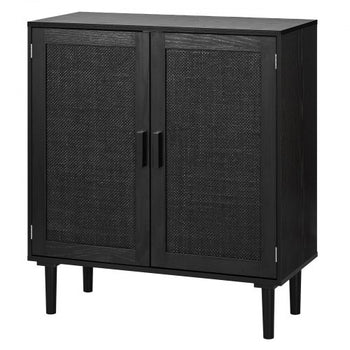 Rattan Cabinet, Rattan Storage Cabinet with 2 Magnetic Doors and Adjustable Shelves, Accent Sideboard Buffet with Wooden Legs & Power Cord Hole for Hallway, Entryway, Living Room, Kitchen, Black