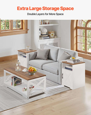 3 Pieces Farmhouse Coffee Table Sets, 40 in Industrial Coffee Table with 2 End Side Tables, Easy Assembly Coffee and End Tables Sets with Charging Station, for Office, Living Room & Apartment