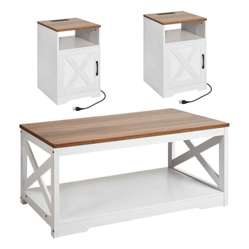 3 Pieces Farmhouse Coffee Table Sets, 40 in Industrial Coffee Table with 2 End Side Tables, Easy Assembly Coffee and End Tables Sets with Charging Station, for Office, Living Room & Apartment
