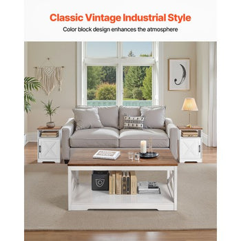 3 Pieces Farmhouse Coffee Table Sets, 40 in Industrial Coffee Table with 2 End Side Tables, Easy Assembly Coffee and End Tables Sets with Charging Station, for Office, Living Room & Apartment