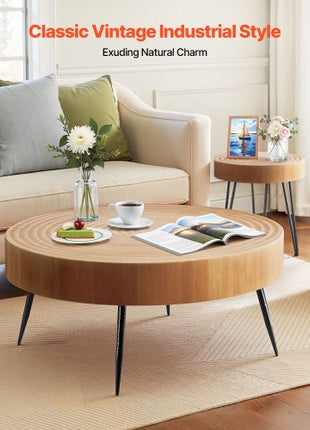 2 Pieces Round Coffee Tables Sets, 31.3 in Industrial Living Room Table with 1 End Side Table, Easy Assembly Coffee and End Tables Sets with Metal Legs, for Office, Living Room and Apartment