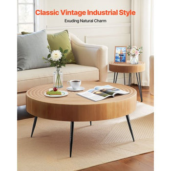 2 Pieces Round Coffee Tables Sets, 31.3 in Industrial Living Room Table with 1 End Side Table, Easy Assembly Coffee and End Tables Sets with Metal Legs, for Office, Living Room and Apartment