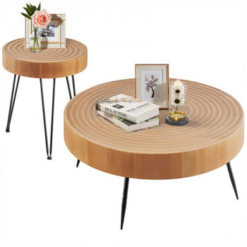 2 Pieces Round Coffee Tables Sets, 31.3 in Industrial Living Room Table with 1 End Side Table, Easy Assembly Coffee and End Tables Sets with Metal Legs, for Office, Living Room and Apartment