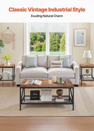 3 Pieces Living Room Table Sets, 41.3 in Industrial Coffee Table with 2 Square End Side Tables, Easy Assembly Coffee and End Tables Sets with Metal Legs, for Office, Living Room & Apartment