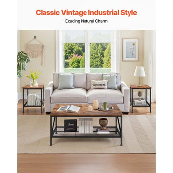 3 Pieces Living Room Table Sets, 41.3 in Industrial Coffee Table with 2 Square End Side Tables, Easy Assembly Coffee and End Tables Sets with Metal Legs, for Office, Living Room & Apartment