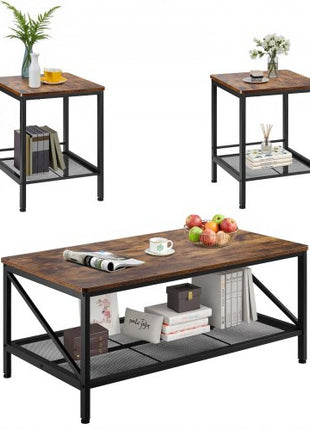 3 Pieces Living Room Table Sets, 41.3 in Industrial Coffee Table with 2 Square End Side Tables, Easy Assembly Coffee and End Tables Sets with Metal Legs, for Office, Living Room & Apartment
