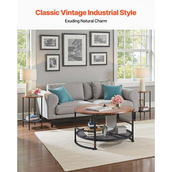3 Pieces Round Coffee Table Sets, 31.5 in Industrial Living Room Table with 2 End Side Tables, Easy Assembly Coffee and End Tables Sets with Metal Legs, for Office, Living Room and Apartment
