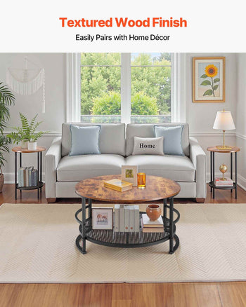 3 Pieces Round Coffee Table Sets, 31.5 in Industrial Living Room Table with 2 End Side Tables, Easy Assembly Coffee and End Tables Sets with Metal Legs, for Office, Living Room and Apartment