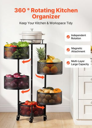 Rotating Storage Rack Cart, 5 Tier Fruit and Vegetable Basket Bowls, Heavy Duty Wire Basket Organizer on Wheels, Large Capacity Stand with Metal Top Lid, for Kitchen Bathroom Nursery, Black