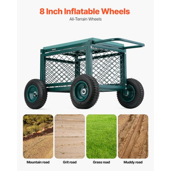 Rolling Garden Cart with Seat, Metal Rolling Garden Work Seat with Wheels, Supports up to 400 LBS, Heavy Duty Gardening Cart Scooter, Outdoor Wagon & Stool on Wheels for Lawn, Patio, Backyard