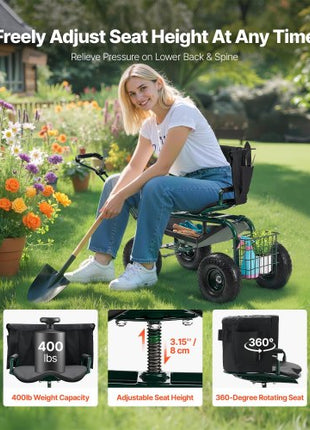 Garden Seat with Wheels, Rolling Garden Stool with Height Adjustable & 360° Swivel Seat, 400lbs Weight Capacity, Gardening Cart Bench, Ergonomic Backrest & Tool Storage, for Garden, Yard, Patio