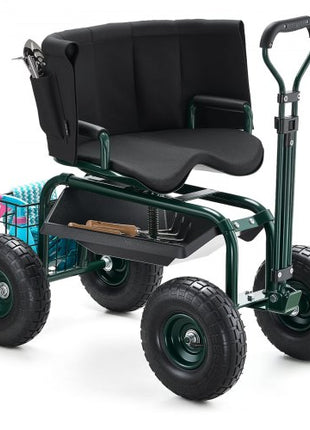 Garden Seat with Wheels, Rolling Garden Stool with Height Adjustable & 360° Swivel Seat, 400lbs Weight Capacity, Gardening Cart Bench, Ergonomic Backrest & Tool Storage, for Garden, Yard, Patio