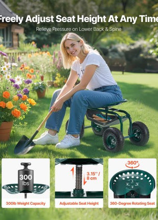 Rolling Garden Cart with Swivel Seat, Heavy Duty Garden Seat with Storage Basket & Tool Tray, 300 lbs Weight Capacity, Outdoor Utility Gardening Stool Scooter for Lawn Yard Planting Weeding
