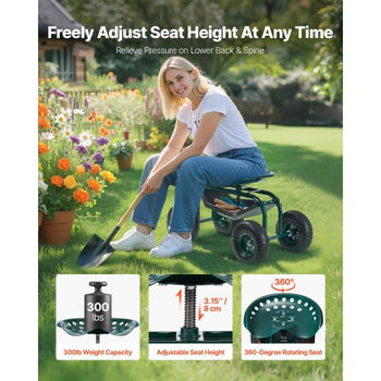 Rolling Garden Cart with Swivel Seat, Heavy Duty Garden Seat with Storage Basket & Tool Tray, 300 lbs Weight Capacity, Outdoor Utility Gardening Stool Scooter for Lawn Yard Planting Weeding
