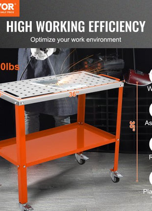 36" x 18" Welding Table, 1200lbs Load Capacity Steel Welding Workbench Table on Wheels, Portable Work Bench with Braking Lockable Casters, 4 Tool Slots, 5/8-inch Fixture Holes, Tool Tray