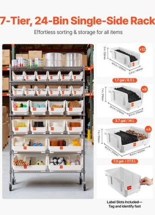 7-Tier Rolling Bin Storage Rack, 24 Organizer Bins, Bin Rack Storage Steel Wire Shelving System with Wheels, Mobile Tool Organizer for Garage, Warehouse, Office, Restaurant, Classroom, Kitchen