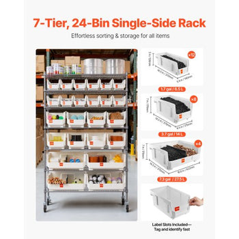 7-Tier Rolling Bin Storage Rack, 24 Organizer Bins, Bin Rack Storage Steel Wire Shelving System with Wheels, Mobile Tool Organizer for Garage, Warehouse, Office, Restaurant, Classroom, Kitchen