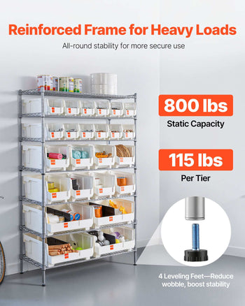 7-Tier Rolling Bin Storage Rack, 24 Organizer Bins, Bin Rack Storage Steel Wire Shelving System with Wheels, Mobile Tool Organizer for Garage, Warehouse, Office, Restaurant, Classroom, Kitchen