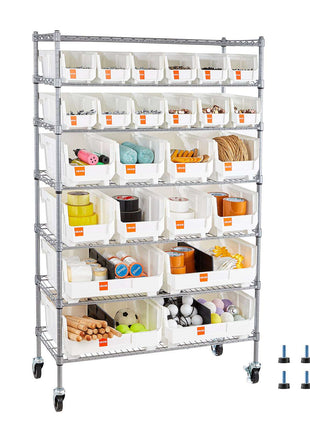 7-Tier Rolling Bin Storage Rack, 24 Organizer Bins, Bin Rack Storage Steel Wire Shelving System with Wheels, Mobile Tool Organizer for Garage, Warehouse, Office, Restaurant, Classroom, Kitchen