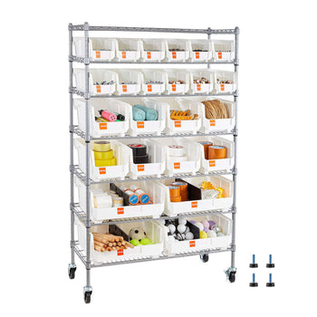 7-Tier Rolling Bin Storage Rack, 24 Organizer Bins, Bin Rack Storage Steel Wire Shelving System with Wheels, Mobile Tool Organizer for Garage, Warehouse, Office, Restaurant, Classroom, Kitchen