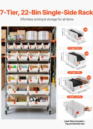 7-Tier Rolling Bin Storage Rack, 22 Organizer Bins, Bin Rack Storage Steel Wire Shelving System with Wheels, Mobile Tool Organizer for Garage, Warehouse, Office, Restaurant, Classroom, Kitchen